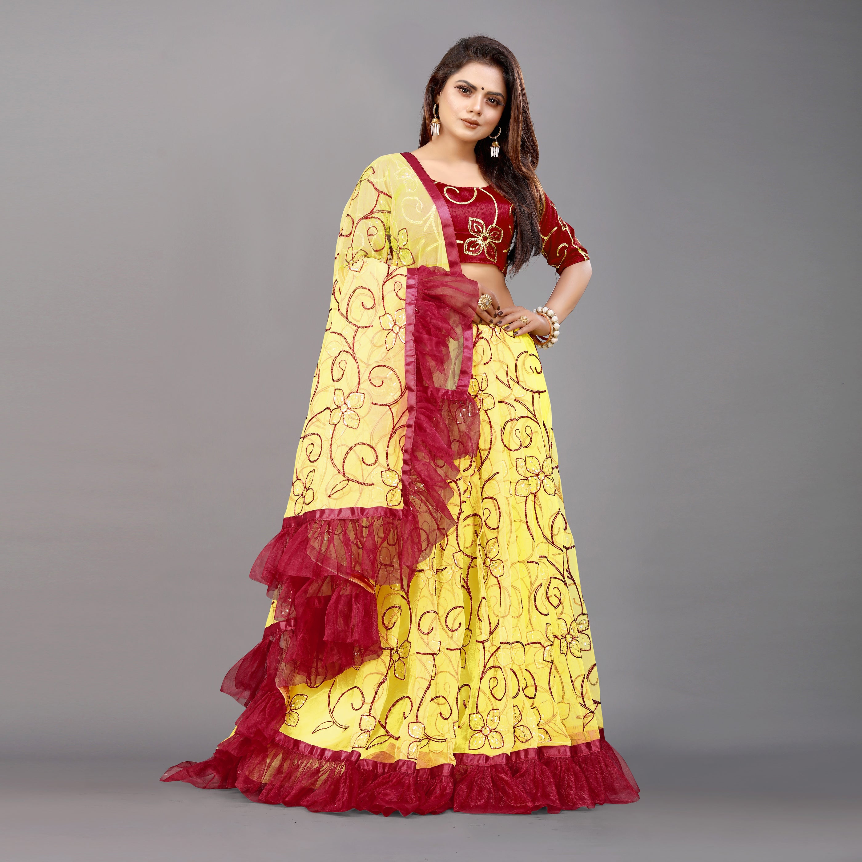 Yellow Color Embroidered Ruffle Lace Net Saree