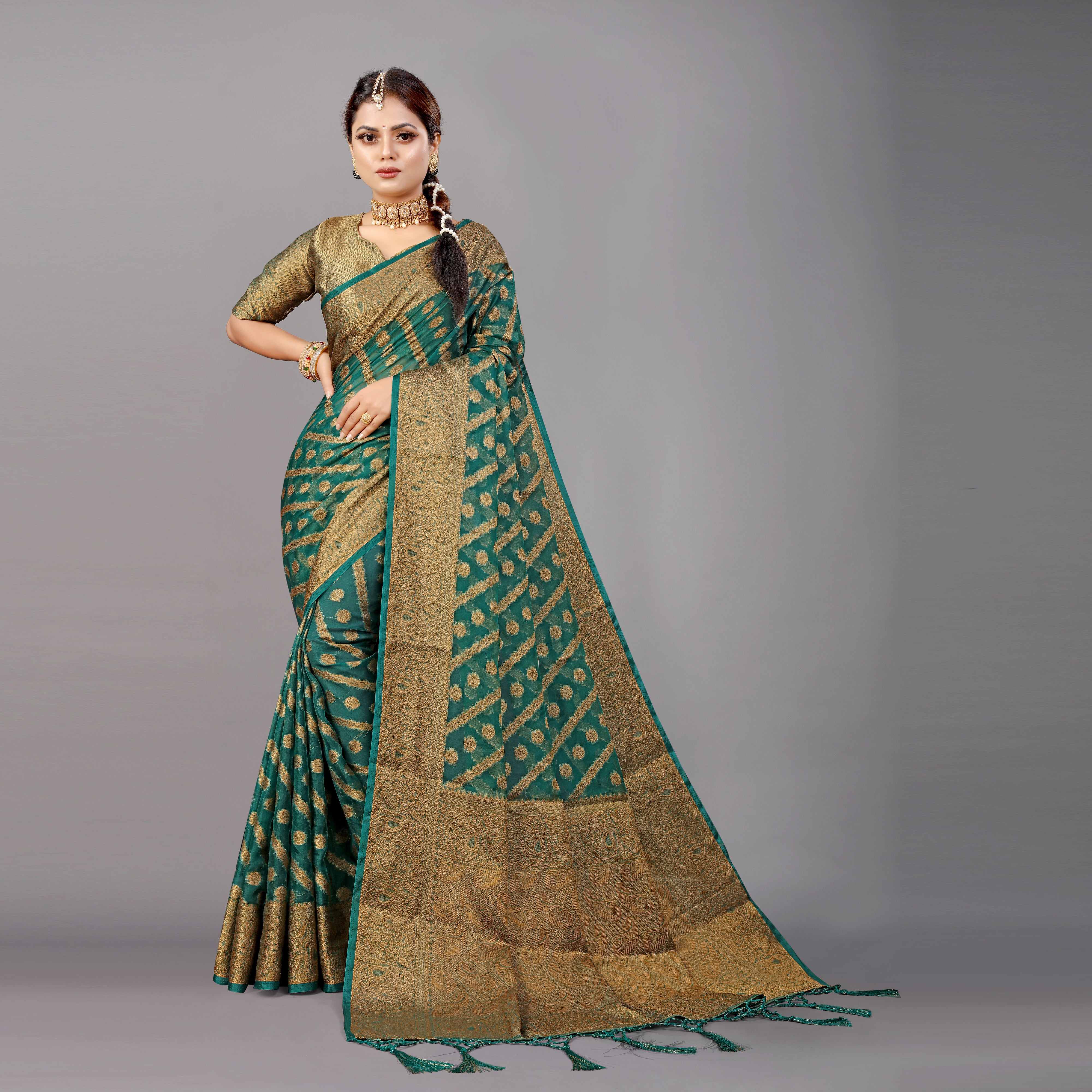 Engrossing Rama Orgenza Silk Saree With Girlish Blouse Piece