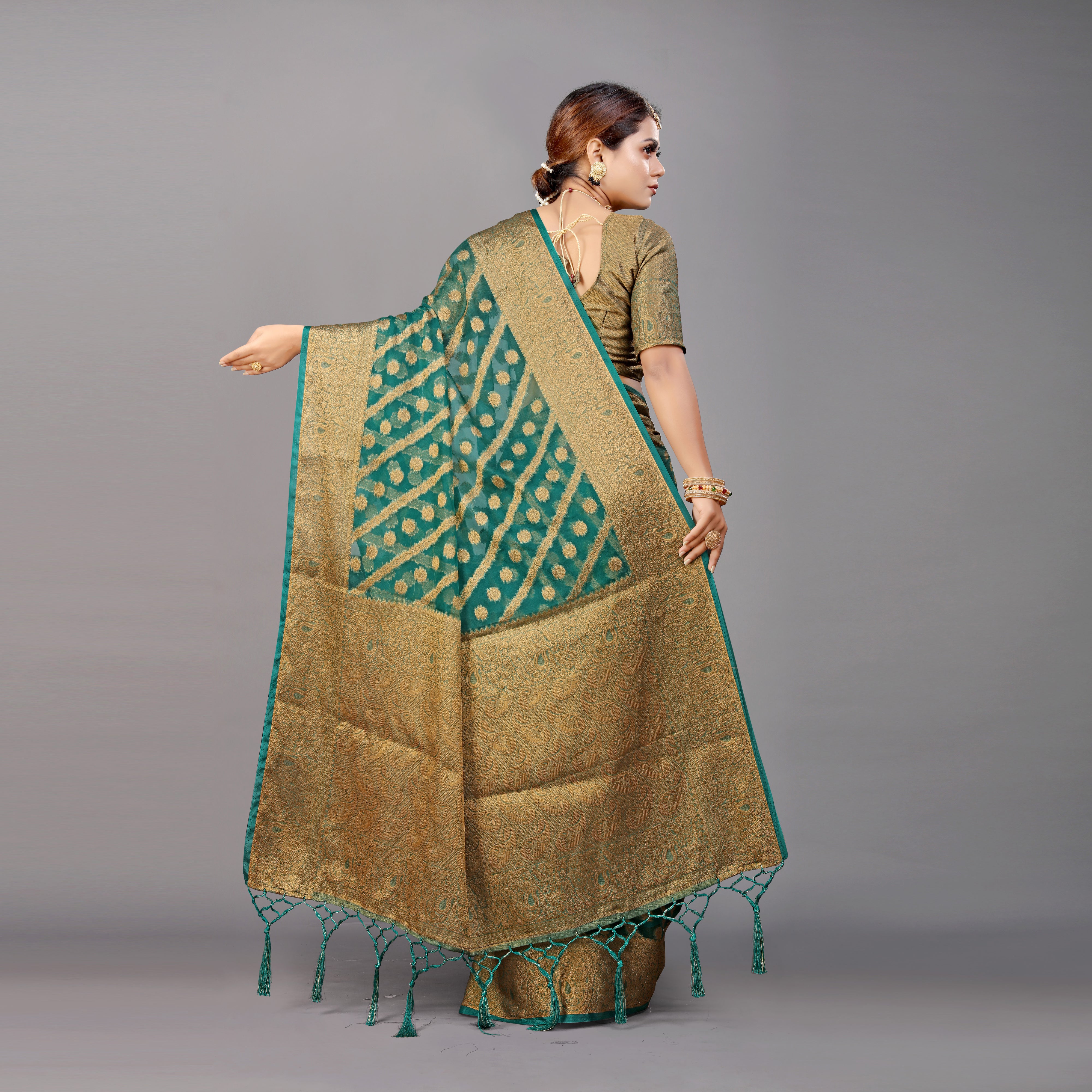 Engrossing Rama Orgenza Silk Saree With Girlish Blouse Piece