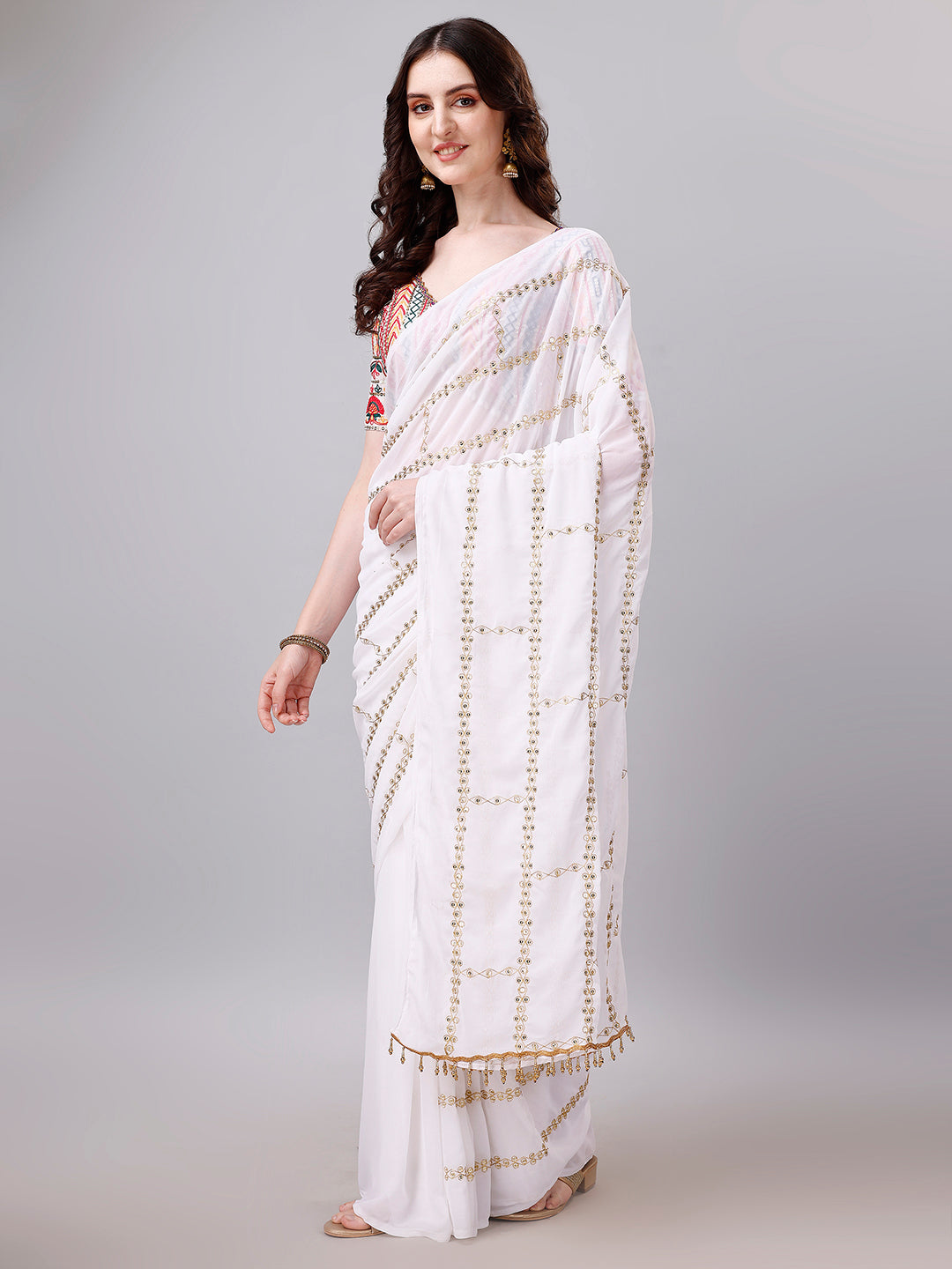 Antique White Georgette Embroidered Saree With Multi Embroidered Blouse
