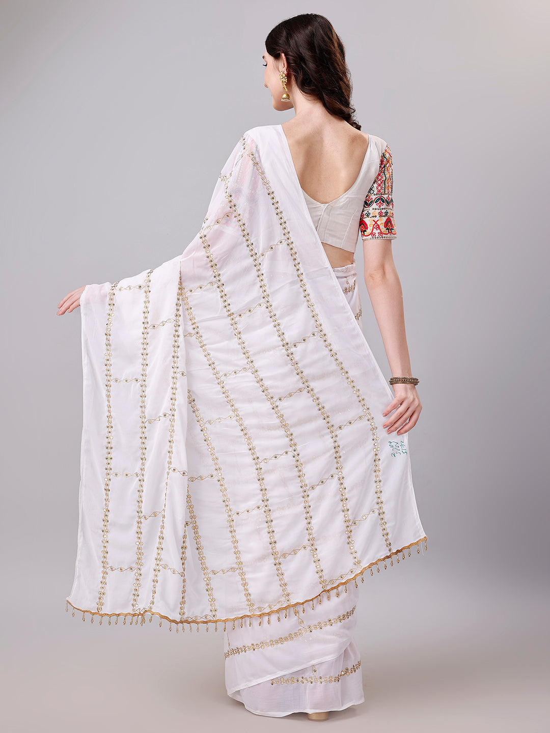 Antique White Georgette Embroidered Saree With Multi Embroidered Blouse