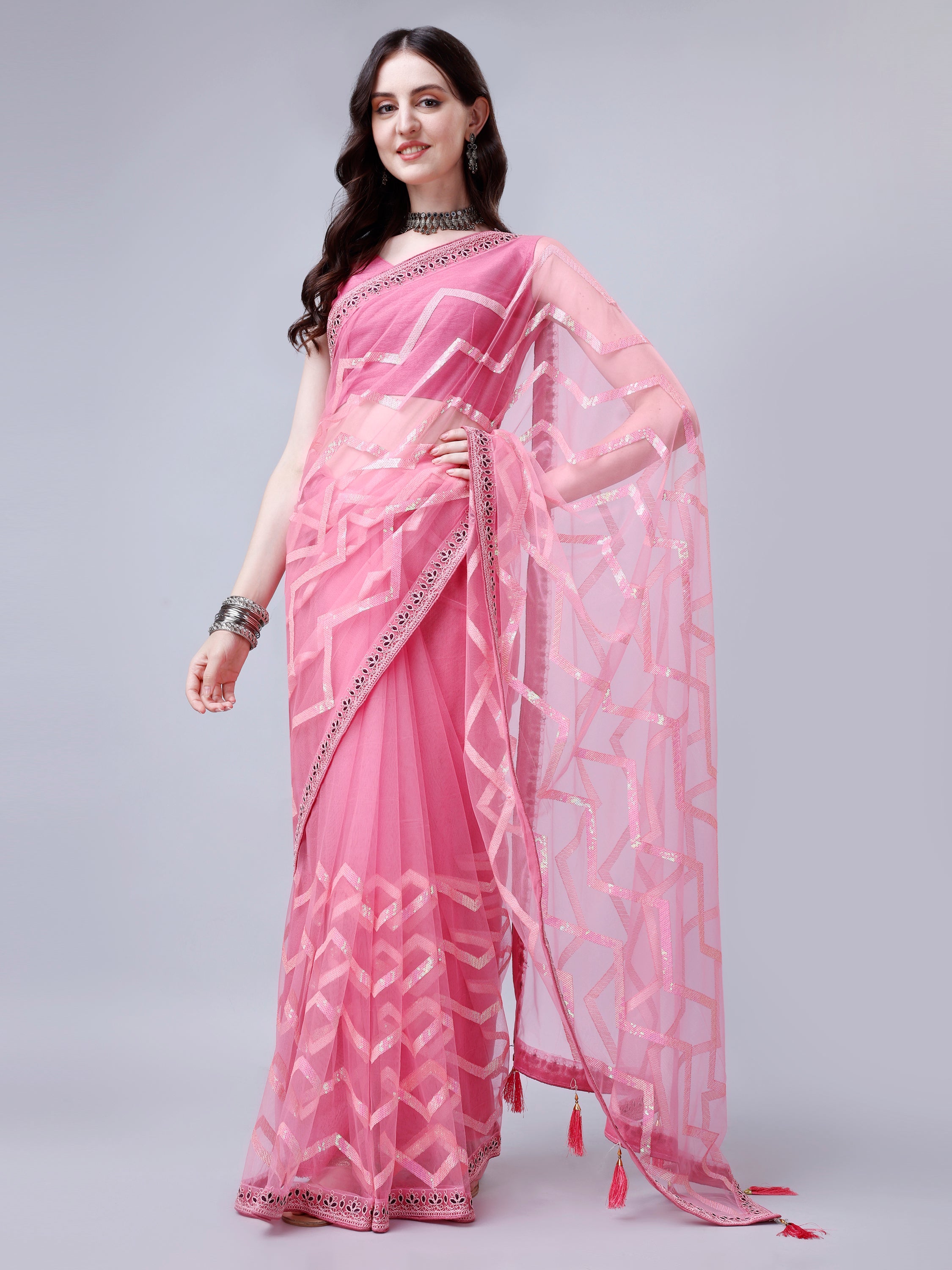 Hot Pink Embroidered Sequin Net Saree for Graceful Style and Captivating Beauty