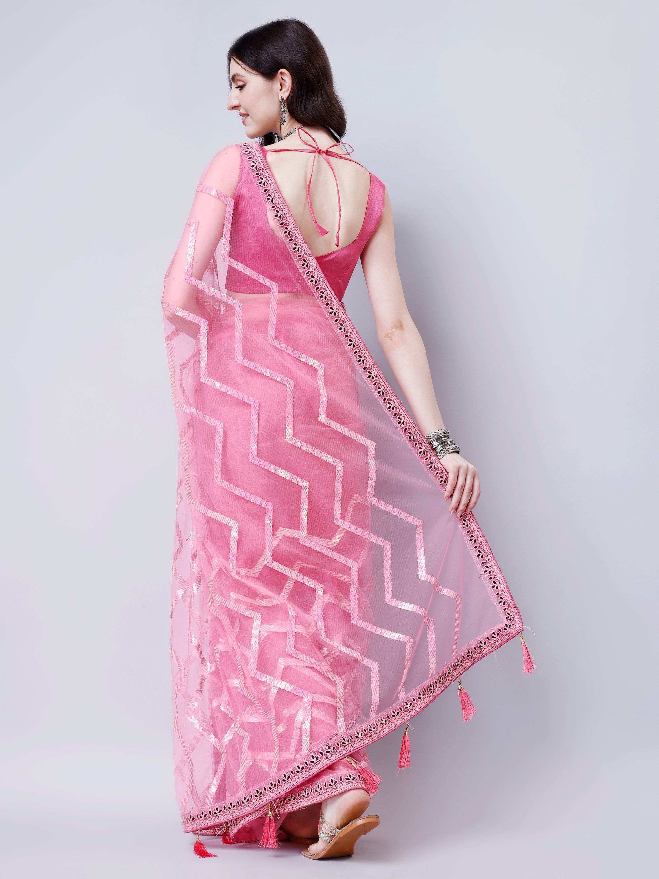 Hot Pink Embroidered Sequin Net Saree for Graceful Style and Captivating Beauty