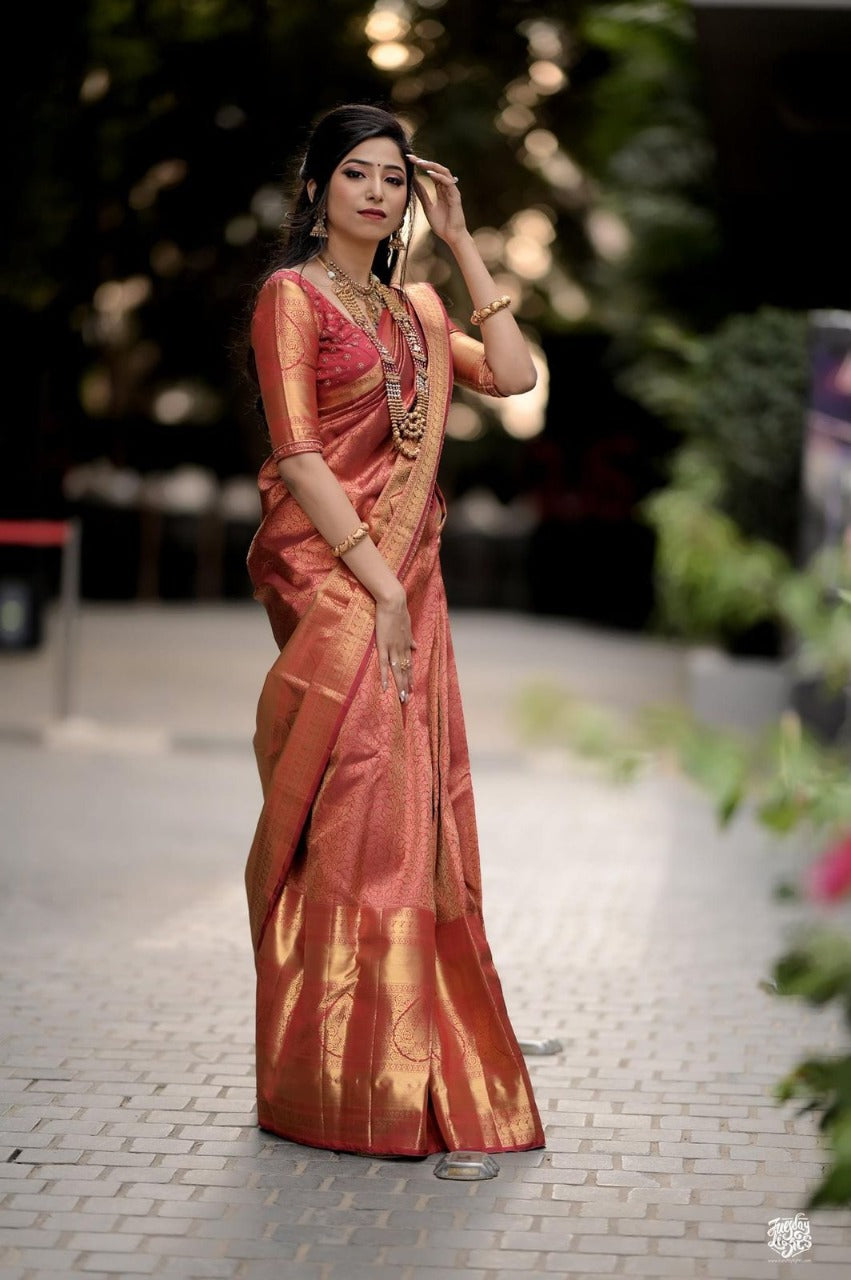 Flaunt Red Soft Banarasi Silk Saree Gleaming Blouse Piece