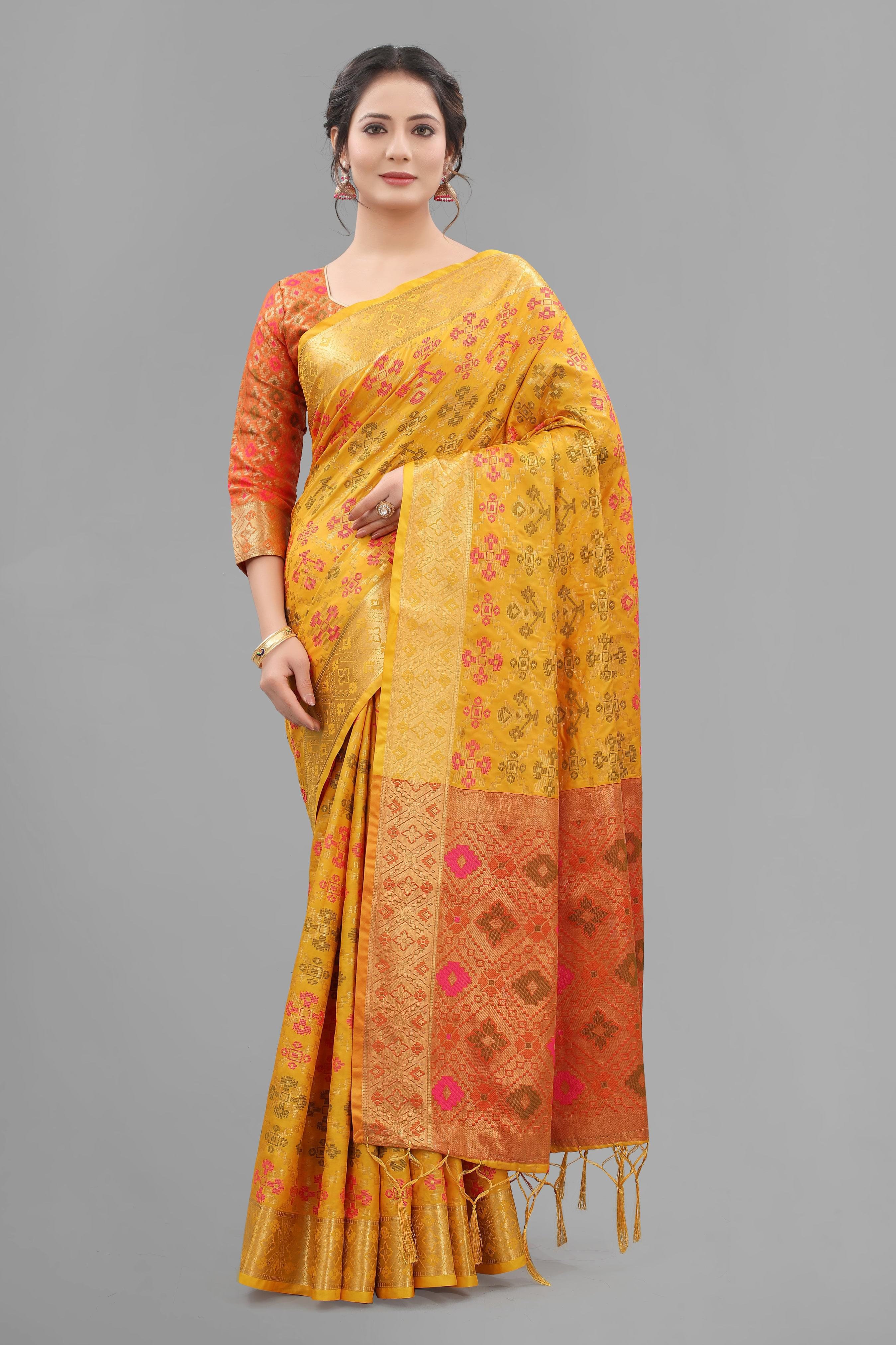 Hot Yellow Color Soft Lichi Silk Patolla Design Jacquard Saree