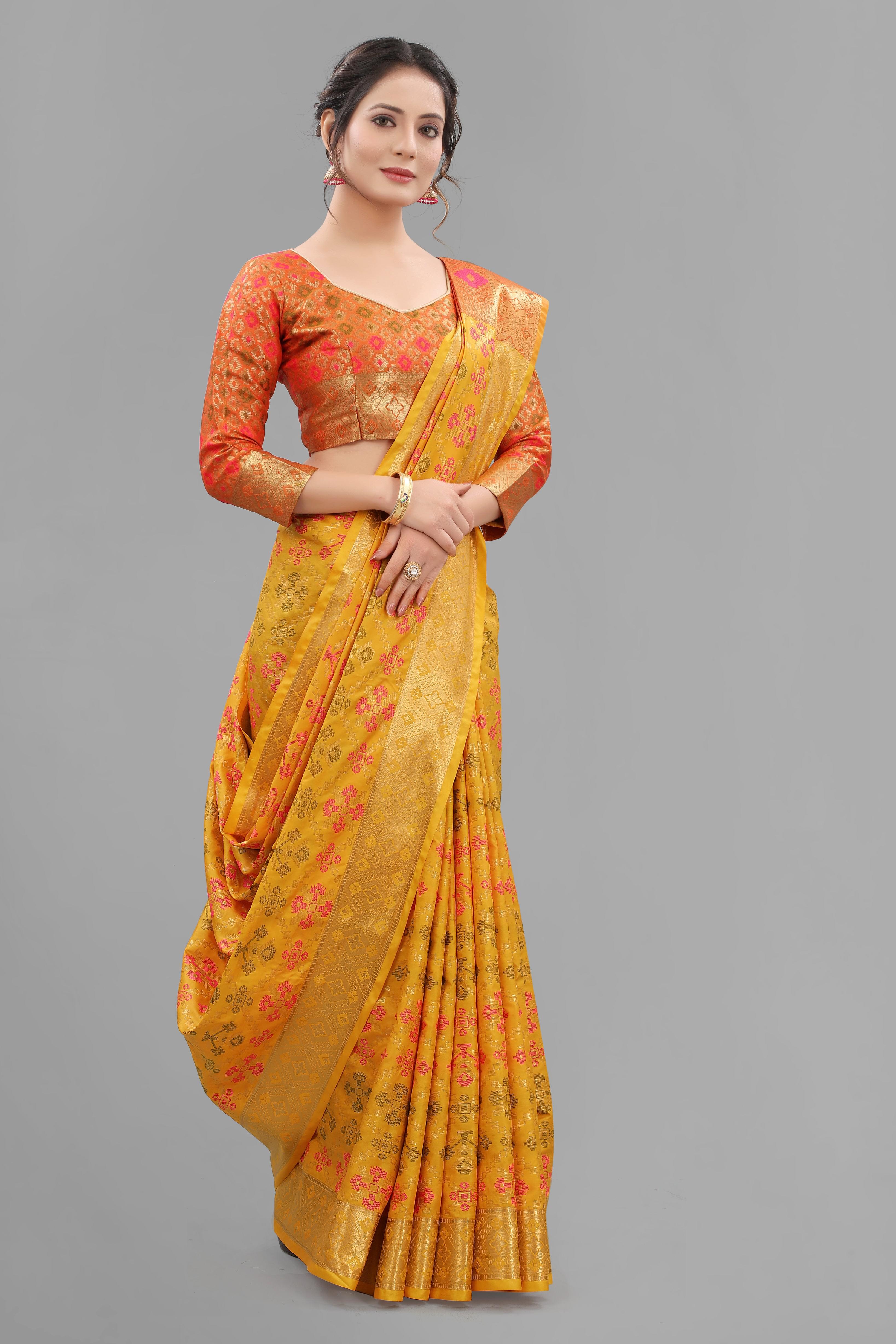 Hot Yellow Color Soft Lichi Silk Patolla Design Jacquard Saree