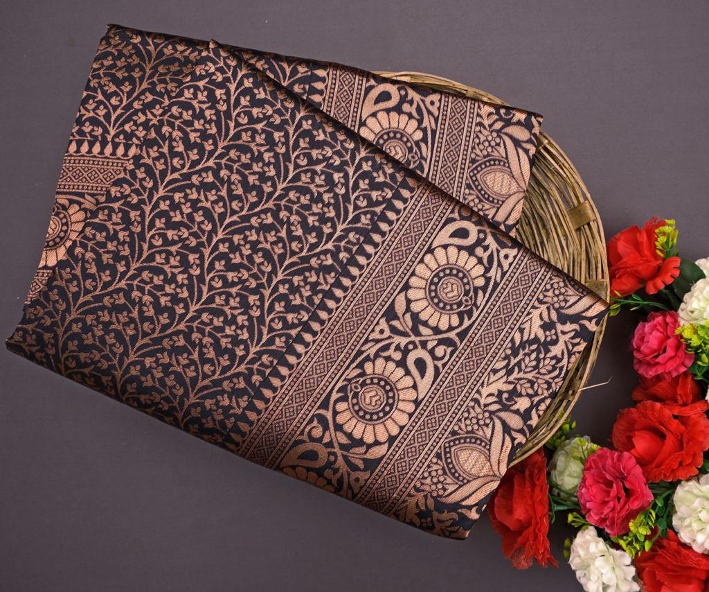 Outstanding Black Soft Banarasi Silk Saree With Angelic Blouse Piece