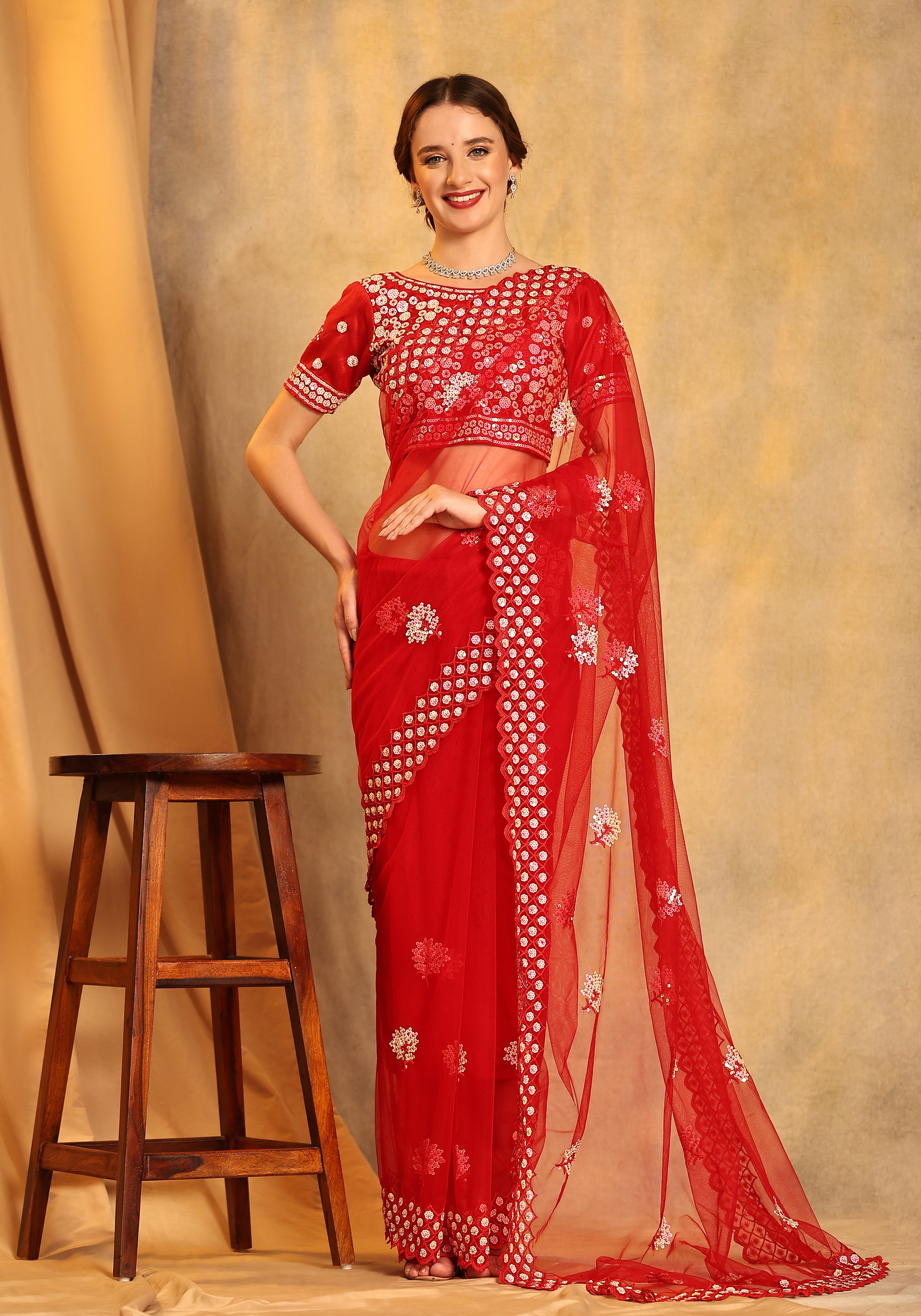 Radiant 1-Minute Ready To Wear Red Net Saree