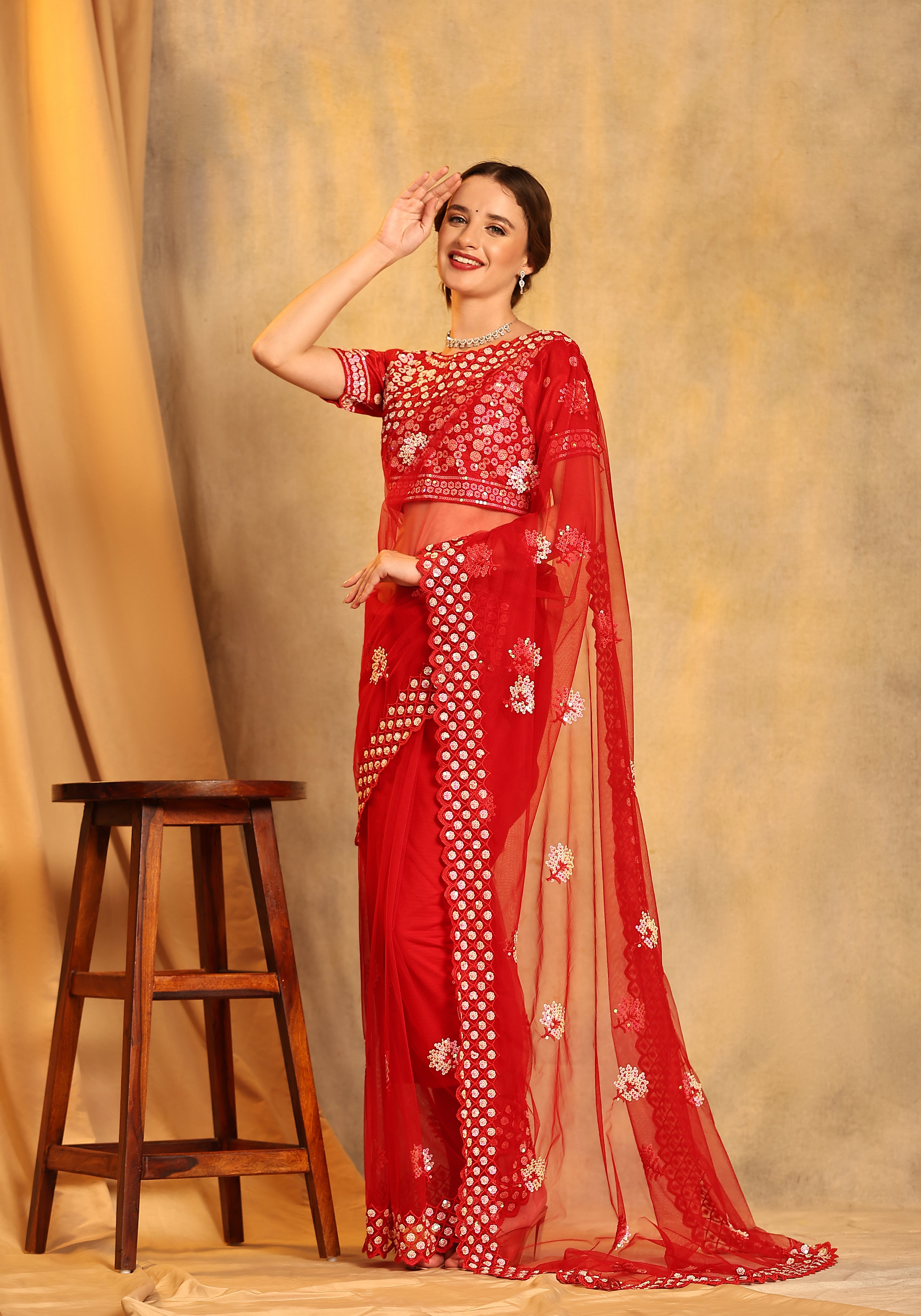 Radiant 1-Minute Ready To Wear Red Net Saree