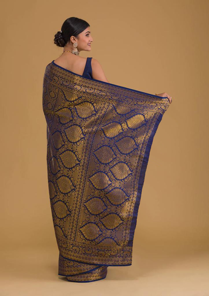 Sizzling Blue Soft Banarasi Silk Saree With Gorgeous Blouse Piece