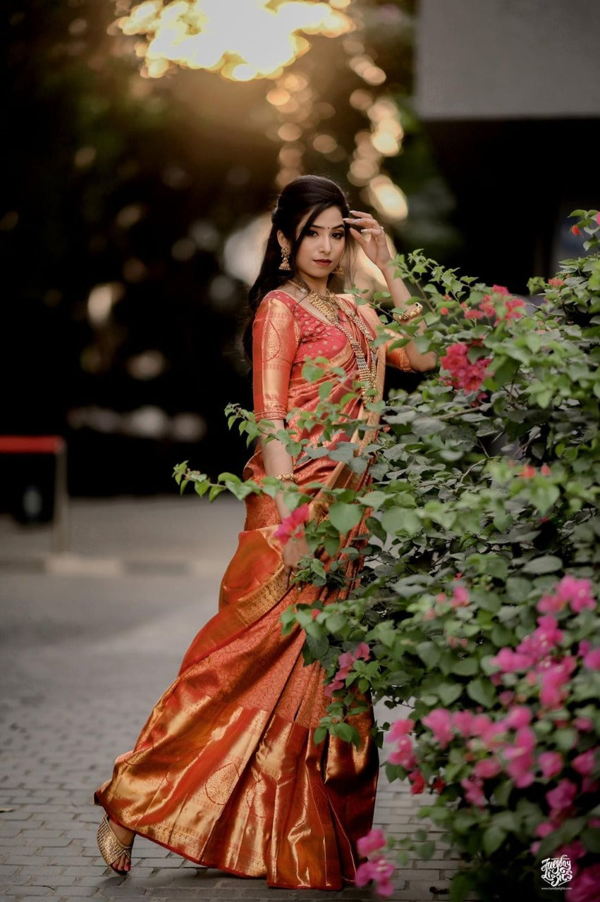 Flaunt Red Soft Banarasi Silk Saree Gleaming Blouse Piece